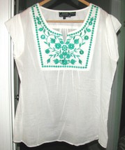 GREEN Trim with Sequins on WHITE Cotton Blouse Size 2X Amanda&#39;s Collection - £11.78 GBP