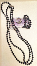 Cookie Lee Black Faceted Beaded Long Necklace Bracelet Set &amp; Stretch Ring - £30.50 GBP