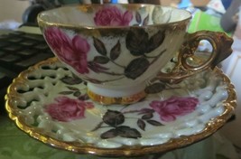 ROYAL SEALY Tea Cup with Lattice Saucer Set Flower Pattern Vintage Japan - £20.30 GBP