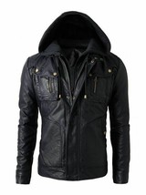 Men&#39;s Stylish Hoodie Styled Casual Designer Black Real Sheep Leather Jacket - £109.16 GBP