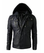 Men&#39;s Stylish Hoodie Styled Casual Designer Black Real Sheep Leather Jacket - £108.28 GBP