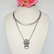 Silver Tone Rhinestone Leopard Head Pendant Double Flat Chain Necklace - £15.85 GBP