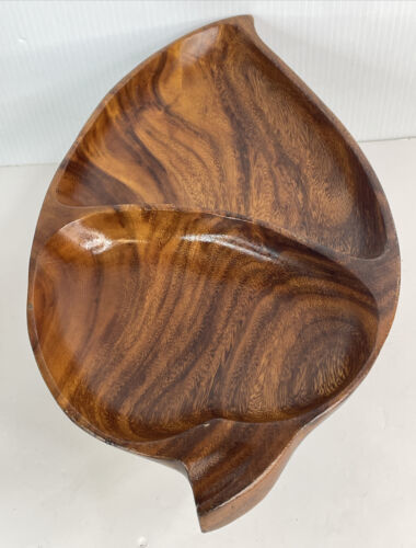Vintage Genuine Leilani Monkey Pod Wood Leaf Large Tray Bowl Handcrafted 15.5” - $15.79
