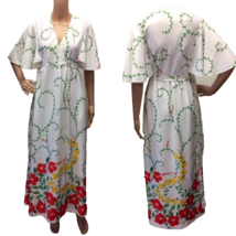 70s White Floral Wrap Maxi Dress Robe Vintage Saybury Border Print S - £44.03 GBP