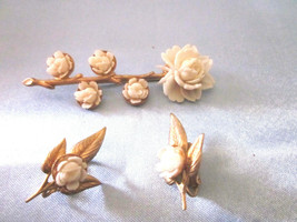 Awesome Vintage Celluloid ROSE pin and clip on earring set - £19.80 GBP