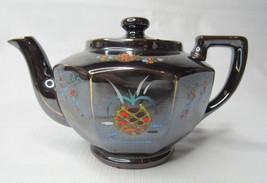 Vintage Brown Ceramic Hand Painted Teapot Floral Gold Trim Made in Japan 4&quot; x 6&quot; - £18.38 GBP