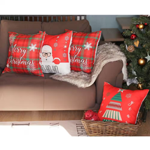 Christmas Throw Pillow Covers Set of 4 Square 18X18-In. Red Plaid Couch Bedding - £39.48 GBP