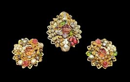 Vtg DeMario NY Signed Gold Tone Brooch Earrings Set Faux Baroque Pearls ... - $197.95