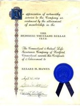1938 Connecticut Mutual $100,000 Club Certificate Insurance Sales Award - £19.43 GBP