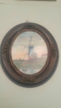 Antique Oval Picture Frame With Chalk Artwork Windmill Holland Scene - $976.52 MXN