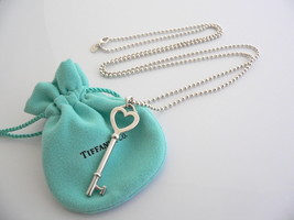 Tiffany Co Silver Large Heart Key Necklace Pendant Charm 34 in Chain Gift Pouch - £342.12 GBP