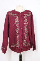 Vtg 90s Hasting &amp; Smith XL Maroon Red Christmas Holly Sweatshirt Cardigan Top - £22.64 GBP