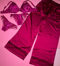 Victoria&#39;s Secret 34DD Conjunto Sujetador + Bragas+ Rosa Magenta Encaje Plateado - £141.34 GBP