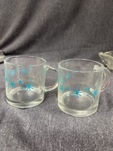 Pair Of Vintage MCM Glass Coffee Mugs Turquoise Snowflake Starburst Atomic - £14.22 GBP