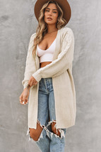 Khaki Open Front Cable Sleeve Long Cardigan - £38.60 GBP