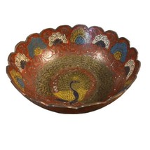 Solid Enameled Brass Peacock Bird Vintage Pedestal Decorative Bowl 6.5&quot;W... - $21.46