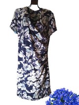 SOFT SURROUNDINGS SUMMER DRESS PL FAUX WRAP BLUE FLORAL RUCHED MIDI  - £13.42 GBP