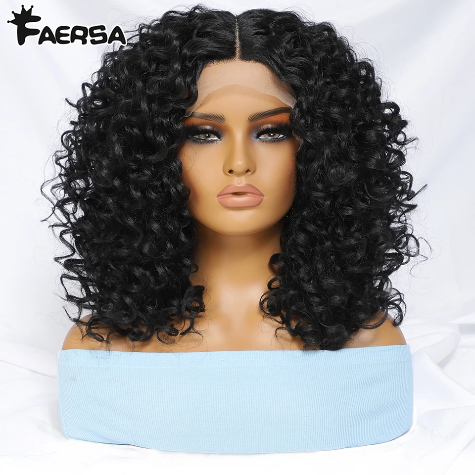 16&quot; Kinky Curly Synthetic Lace Front Wig Black Blonde Wigs For Women Glueless - £27.99 GBP