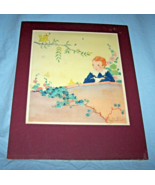 Vintage Matted Fern Bisel Peat Illustration-Boy Leaning on Fence-11 by 14 - $12.50