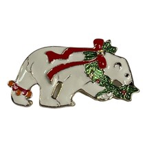 Enamel Polar Bear brooch Lapel pin Christmas Holiday Red Ribbon Wreath Festive - £5.20 GBP
