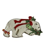 Enamel Polar Bear brooch Lapel pin Christmas Holiday Red Ribbon Wreath F... - $9.02 CAD