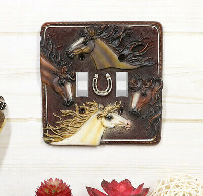 Set of 2 Western Horseshoe And Colorful Horses Wall Double Toggle Switch... - $24.99
