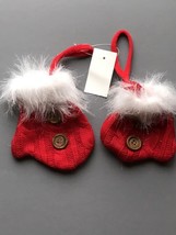 Red Primitive Christmas Ornament Mittens faux fur Set of 2 Cable Knit Bu... - $18.50