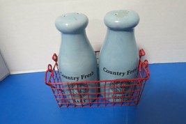 Vintage Country Fresh Milk Jug Blue Salt And Pepper Shakers in Red Basket - £13.41 GBP