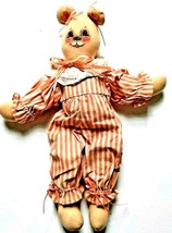 Handmade Teddy Bear Tea-Stained Stuffed Plush Painted Face Striped 14&quot; 90s VTG - £14.18 GBP