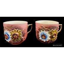 Pink Lusterware Gold Gilt German Floral Design Set Of Two Coffee Tea Mugs - $49.49