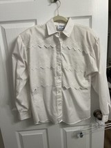 Vintage 80s Roper Small White Scalloped Shirt Embroidered Cowboy Aztec USA - £17.93 GBP