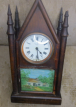 Antique New Haven 9&quot; 8 Day Cathedral Clock hand painted cottage - $74.79