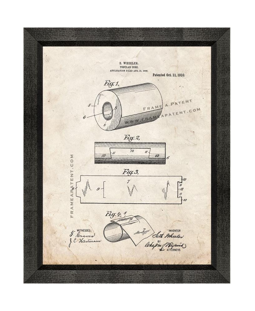 Tubular Core of Toilet Paper Roll Patent Print Old Look with Beveled Wood Frame