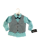 new HAPPY FELLA sz 4T Blue Button Up Shirt With Plaid Vest and Bowtie 3 ... - €15,97 EUR