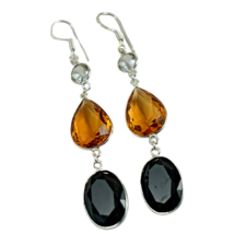 Daily wear Sterling Silver Plated Smoky &amp;Citrine Gemstone Hand Crafted Earring&#39;s - £18.05 GBP