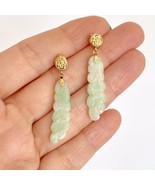c1976 Carved Jade Leaf 14K Yellow Gold Blessings Character Pierced Earrings - £255.70 GBP