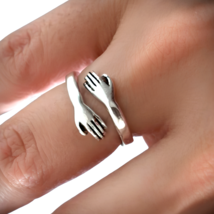 Love Hug Hands Ring Real 925 Sterling Silver Cuddle Ring Band Adjustable &amp; Boxed - £15.69 GBP