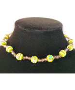 Vintage 1970s Handmade Beaded Choker Necklace - Green White Glass &amp; Amber - €5,44 EUR