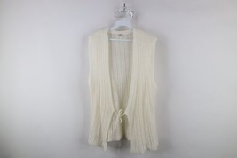 Vtg 70s Streetwear Womens Large Gauzy Knit Tie Front Sweater Vest Cream Japan - $59.35