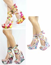 Bamboo Skyline Satin Floral Peep Toe Bloom Print Ankle Wrap Platform Wedge - $99.99