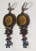 Signed M Negrin Floral Blue Rhinestone Long Dangle Brass Earrings Leverback 3" - $72.77