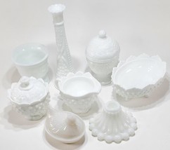 Hobnail White Milk Glass Vase Candy Pickle Hen Dish Candle Holder &amp; Lid LOT - £44.82 GBP