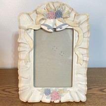 Vtg Ceramic Photo  Frame For  5” x 7” White With Pink Blue Roses Bells Ribbon - £10.84 GBP