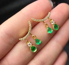 925 Sterling Silver Natural Emerald Drop Earrings Fine Jewelry Women Wedding Wom - £60.02 GBP