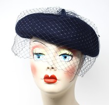 Navy Wool Felt Beret w Veil Netting for Church Party Retro Style Hat - H... - £20.47 GBP