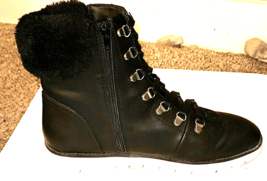 Mia Black Combat Faux Fur Cuff &amp; Leather Boots 8.5 M Side Zip White Sole New - £22.23 GBP