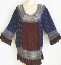 New SACRED THREADS S M ikat multi-fabric woven lace trim rayon loose tunic top - £17.30 GBP
