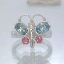 Blue Zircon Pink Spinel 925 Silver Butterfly Ring size 6.25 Ladies Design 193 - $109.25