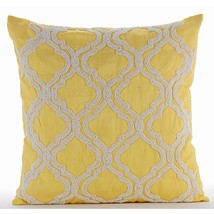 Yellow Art Silk 16&quot;x16&quot; Beaded Lattice Trellis Pattern Pillows Cover, Kainoosh - £32.60 GBP+