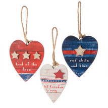 Patriotic Americana Heart Ornaments 3pc Red White Blue Fourth of July Decoration - £11.15 GBP
